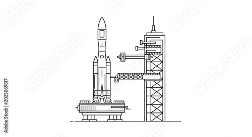 Space rocket on launchpad infrastructure.