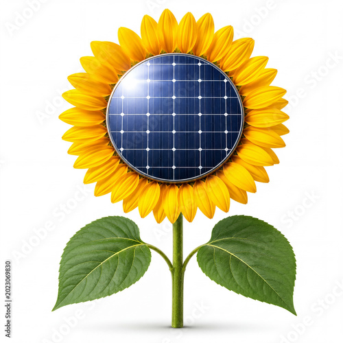 Sunflower With Solar Panel Center Isolated on White Background Sustainable Energy Concept