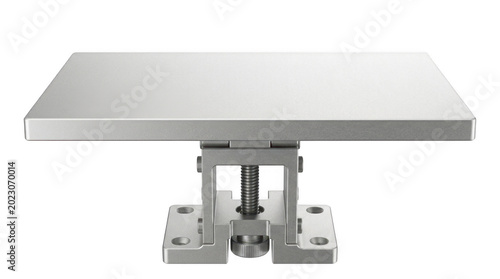 Minimalist metal desk with adjustable legs and clean, geometric design.