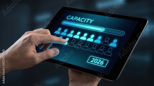 Photos Professional hand interacting with digital tablet display showing capacity loadi