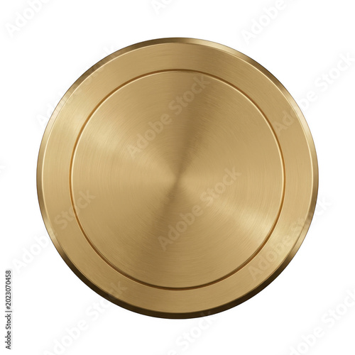 Gold-colored metallic circular button with concentric rings and smooth finish on white backdrop.