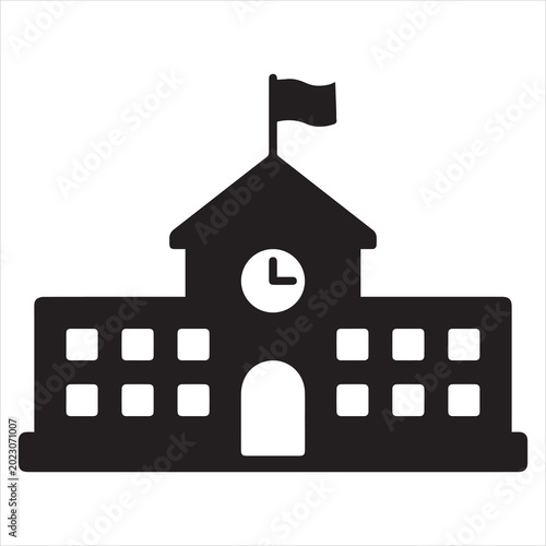 Foto School building with clock and flag flat icon for apps and websites