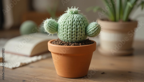 Cute knitted cactus in a terracotta pot, pastel green yarn texture, cozy handmade decor, soft indoor lighting