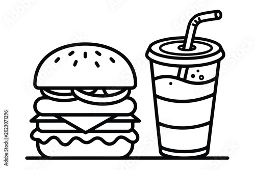 Minimalist burger and soda drink vector icon line art illustration isolated on white background