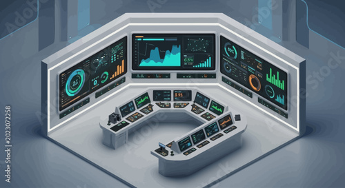 Futuristic control room with multiple screens.