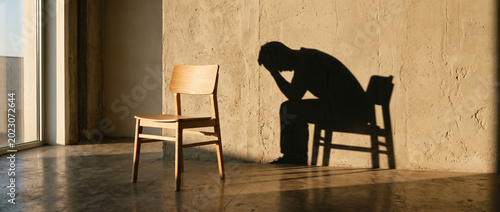 Empty chair casting a shadow of a depressed man holding his head, representing invisible mental illness and deep grief.
