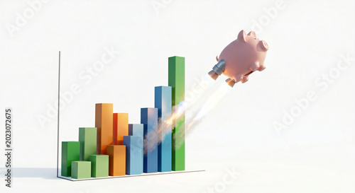 Piggy bank flying like a rocket above a colorful 3D bar chart, symbolizing rapid investment growth and soaring profits.