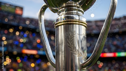 Silver championship trophy cup with detailed engraving at a sold-out stadium event.