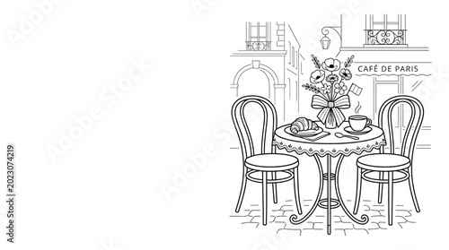 Parisian street cafe terrace sketch with table and chairs.