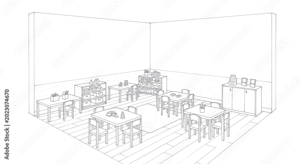 Obraz premium Detailed sketch of a cafe interior with tables and chairs.