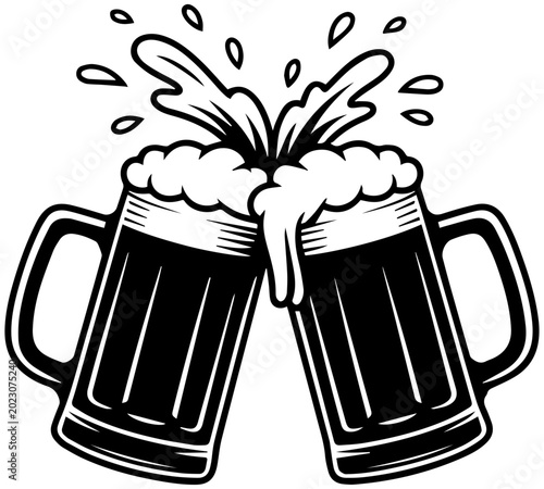 Two Beer Mugs Clinking with Splashing Foam Black and White Vector Illustration for Oktoberfest or Pub Celebration