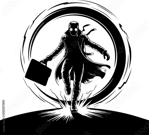 Vector illustration of a mysterious silhouetted man in a trench coat and goggles carrying a briefcase emerging from a circular portal