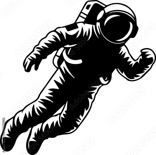Astronaut Floating in Space Vector Illustration, Black and White Graphic Spaceman Design, Science Fiction Adventure Theme