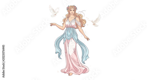 Foto Mythological Goddess with Doves, Ancient Greek Woman in Flowing Dress, Peace Sym
