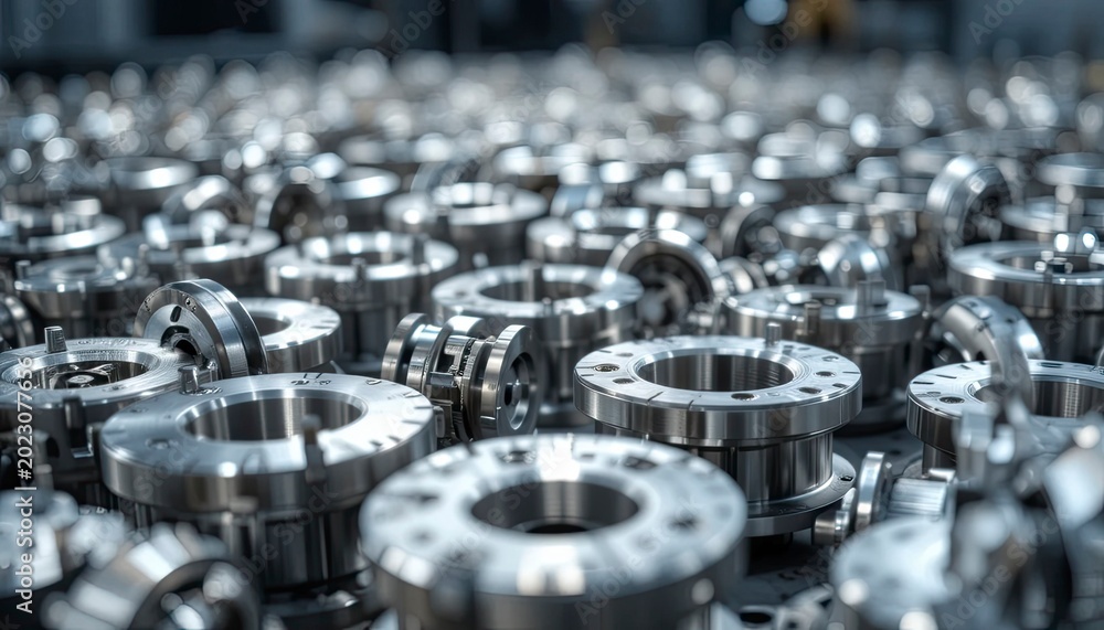 Naklejka premium A large collection of shiny metal industrial parts with holes and bolts, organized in a factory setting with many similar components