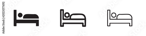 Single bed with person sleeping icon set, representing rest and accommodation in various styles