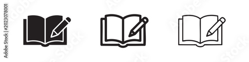 Open book with pencil icon set. Education, learning, and writing symbol, perfect for academic, literary, or study-related designs.