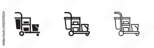 Schilderij op canvas Commercial cleaning trolley icon set in filled, doodle, and outline styles