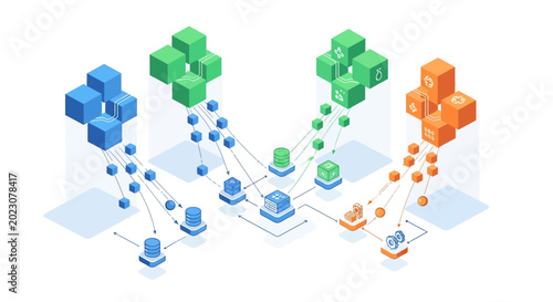 Photos A network of interconnected 3D blocks and nodes.
