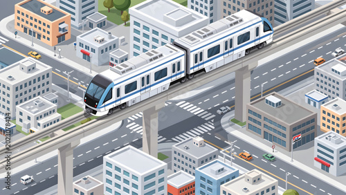 Photos modern white elevated train traveling over city streets with gray buildings and