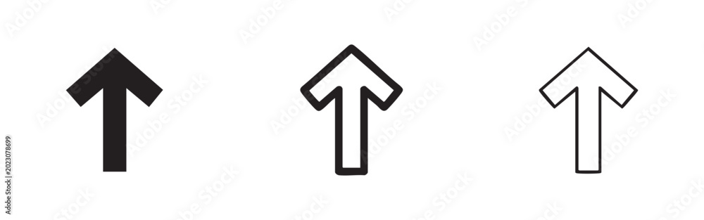 Fototapeta premium Upward arrow icon set in glyph, outline, and line styles.