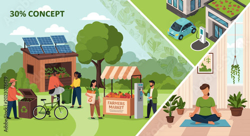Photos Illustration depicting a sustainable lifestyle with renewable energy, eco-friendly transportation, local food markets, and mindful living