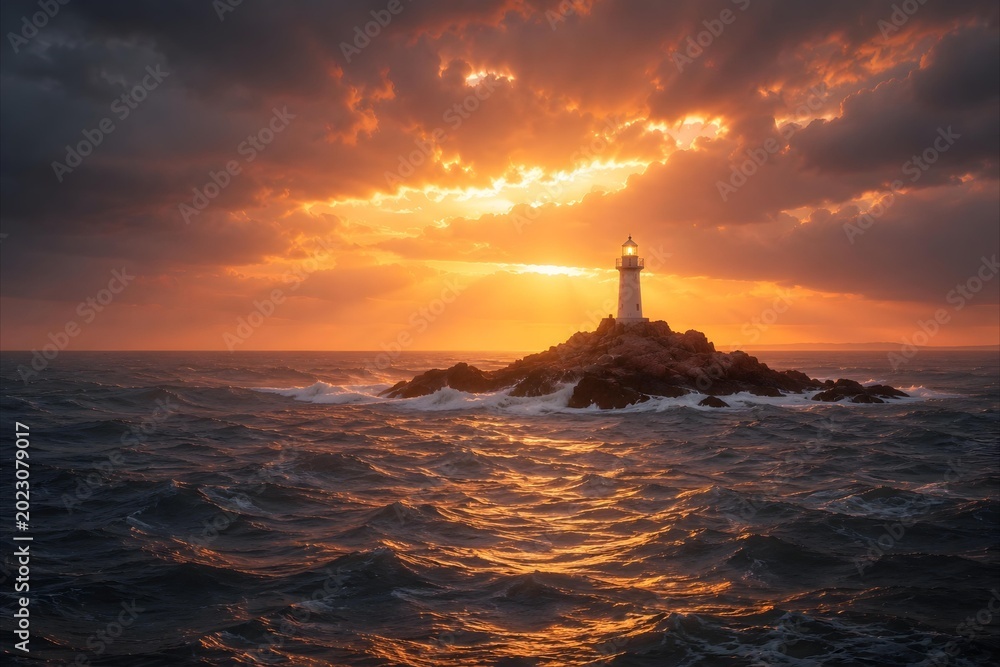 Fototapeta premium Lighthouse on a rocky island in the middle of a rough stormy sea ocean at sunset with dramatic sky.