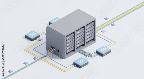 3D illustration of server with network connections.