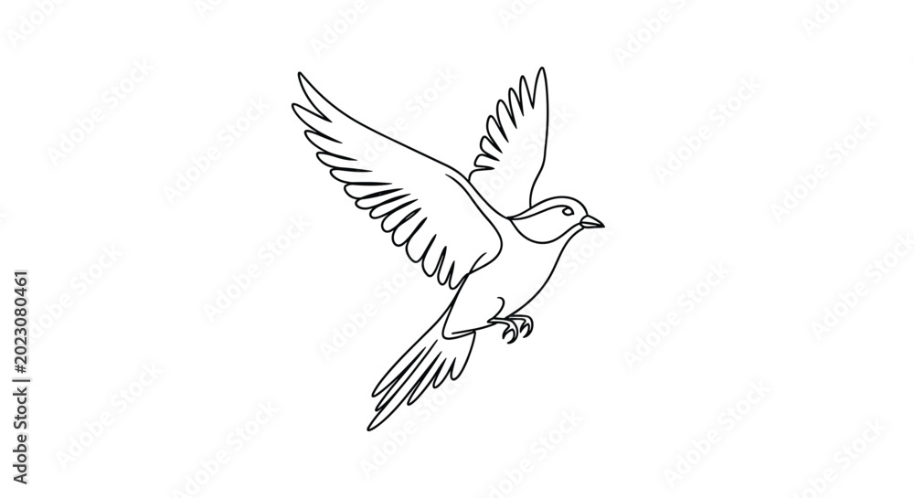 Fototapeta premium Simple continuous line drawing of a small bird flying with its wings spread wide against a plain white background.