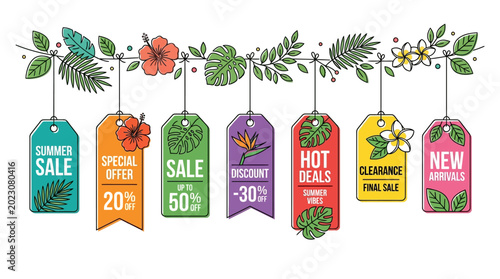 Set of colorful summer sale shopping tags with tropical leaves and exotic flowers.