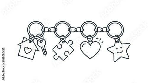 Set of cute outline keychain charms with house puzzle heart and star.