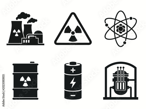 Nuclear power plant with radioactive symbols and atomic energy icons on white