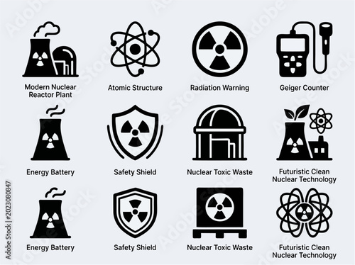 A collection of nuclear power plant icons and radiation symbols in a clean technology setting with modern reactor and safety shield.