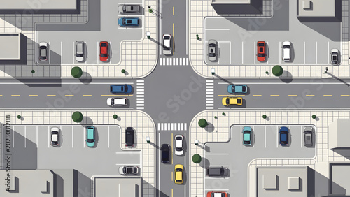 Fotografie aerial view of urban city intersection with colorful cars roads and buildings