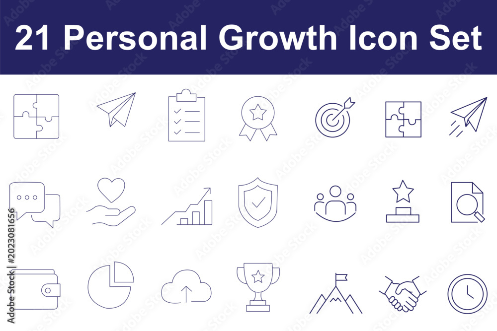 Fototapeta premium Personal Growth related icon collections. Containing Personal, Growth, Success, Development, Improvement, Goal, Achievement, Motivation, Progress, and Self-Improvement icons. Editable Stroke