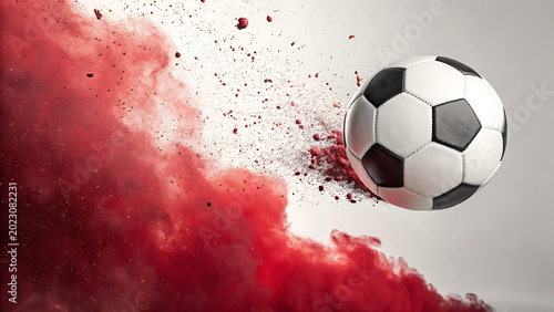 Soccer ball flying with explosive red powder smoke explosion on a red and white background, dynamic sports concept