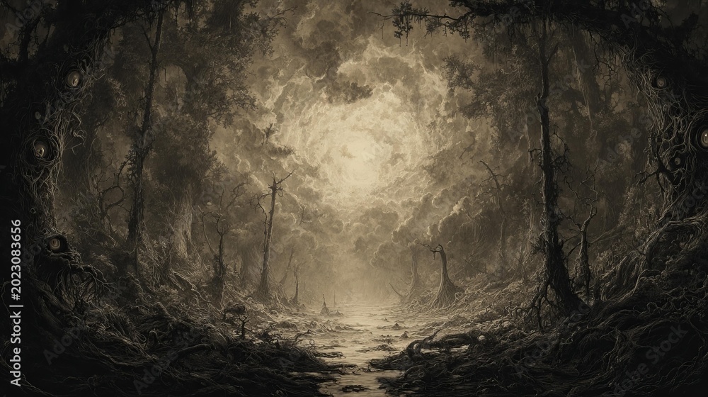 Obraz premium A mysterious, foggy forest path leads into a dense, ethereal mist, framed by dark, ancient tree roots.