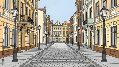 Fotografía historic european street with pastel buildings cobblestone road and vintage lamp
