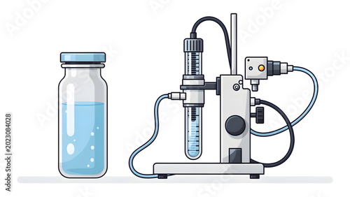 Tableau sur toile laboratory testing equipment with blue liquid sample bottle and precise scientif