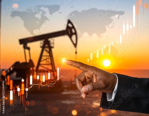 Businessman points to oil pump jack at sunset with stock market graphs