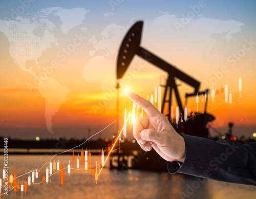 Businessman pointing finger at rising stock market and oil pump at sunset with global map