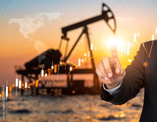 Businessman pointing finger at financial graph with oil pump in background at sunset