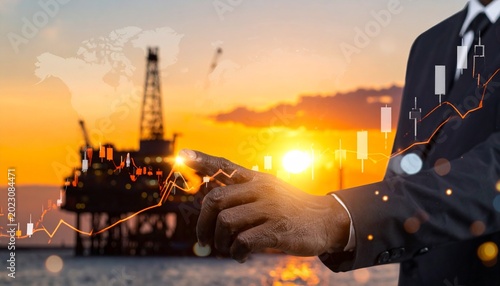 Businessman pointing at rising stock market graph with oil rig and sunset background