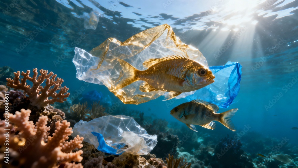 Fototapeta premium Underwater view of fish swimming among floating plastic waste