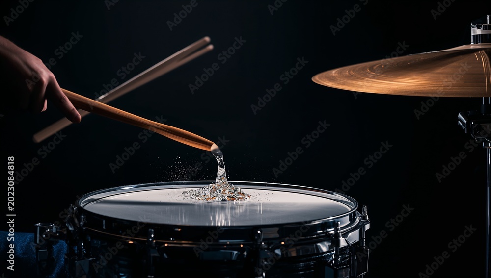 Obraz premium Drummer Playing Drums with Drumstick in Dark Concert or Studio Setting