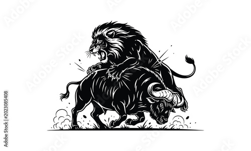 Fotografía Lion clawing buffalo shoulder, buffalo shoulder attack, predator claw strike, li