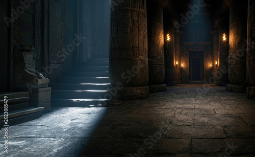 An ancient, torch-lit stone temple hall featuring massive pillars, grand staircases, and cryptic hieroglyphics.