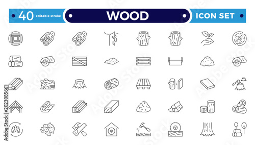 Slika na platnu Wood and Timber Industry Outline Icon Set with Carpenter Tools, Sawmill, Lumberjack, Log, Plank, and Forest Production Symbols for Construction, Flooring