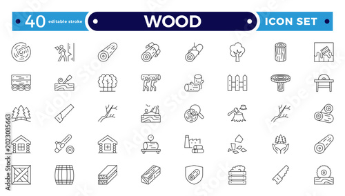 Photos Wood and Timber Industry Outline Icon Set with Carpenter Tools, Sawmill, Lumberjack, Log, Plank, and Forest Production Symbols for Construction, Flooring