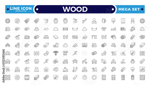 Canvastavla Wood and Timber Industry Outline Icon Set with Carpenter Tools, Sawmill, Lumberjack, Log, Plank, and Forest Production Symbols for Construction, Flooring